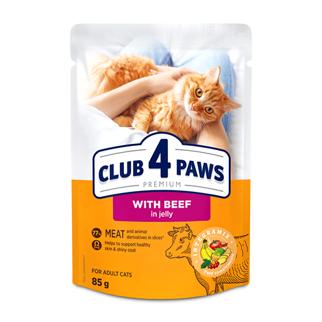 CLUB 4 PAWS PREMIUM "WITH BEEF IN JELLY". СOMPLETE CANNED PET FOOD FOR ADULT CATS