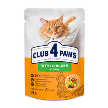 CLUB 4 PAWS PREMIUM "WITH CHICKEN IN GRAVY". COMPLETE CANNEDPET FOOD FOR CATS FROM 7 YEARS OLD